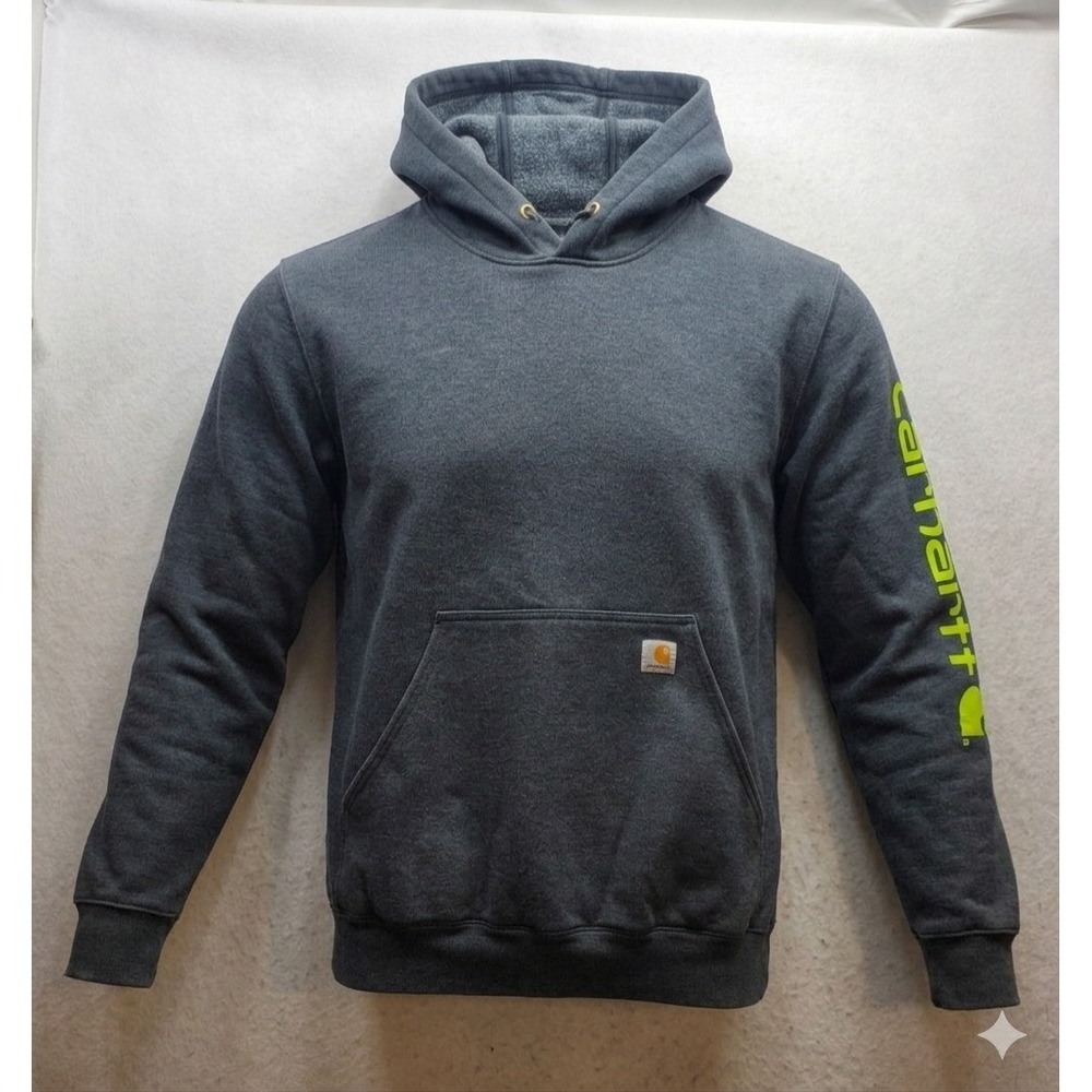 Carhartt Men's Dark Gray w Lime Green Logo Heavyweight Pullover Hoodie. Size L
